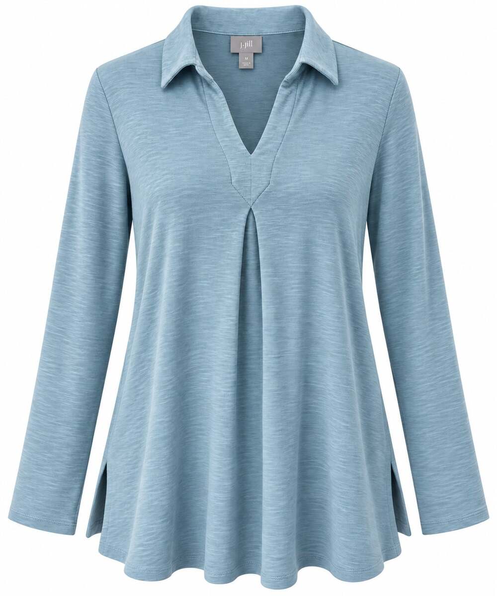 J.Jill Pima Cotton Pleat Tunic Blue Long Sleeve Collared V-Neck Size Medium Read